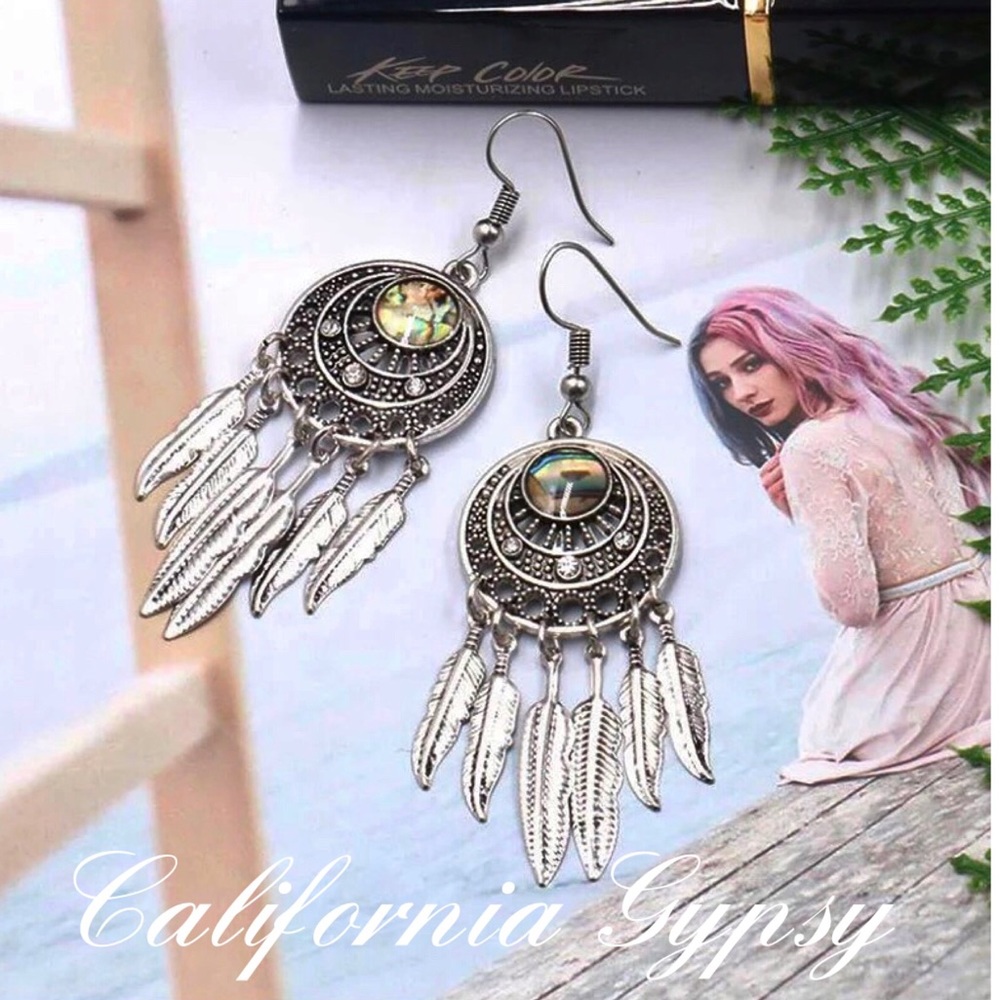 Silver Abalone Feather Bohemian Earrings - Picture 4 of 9